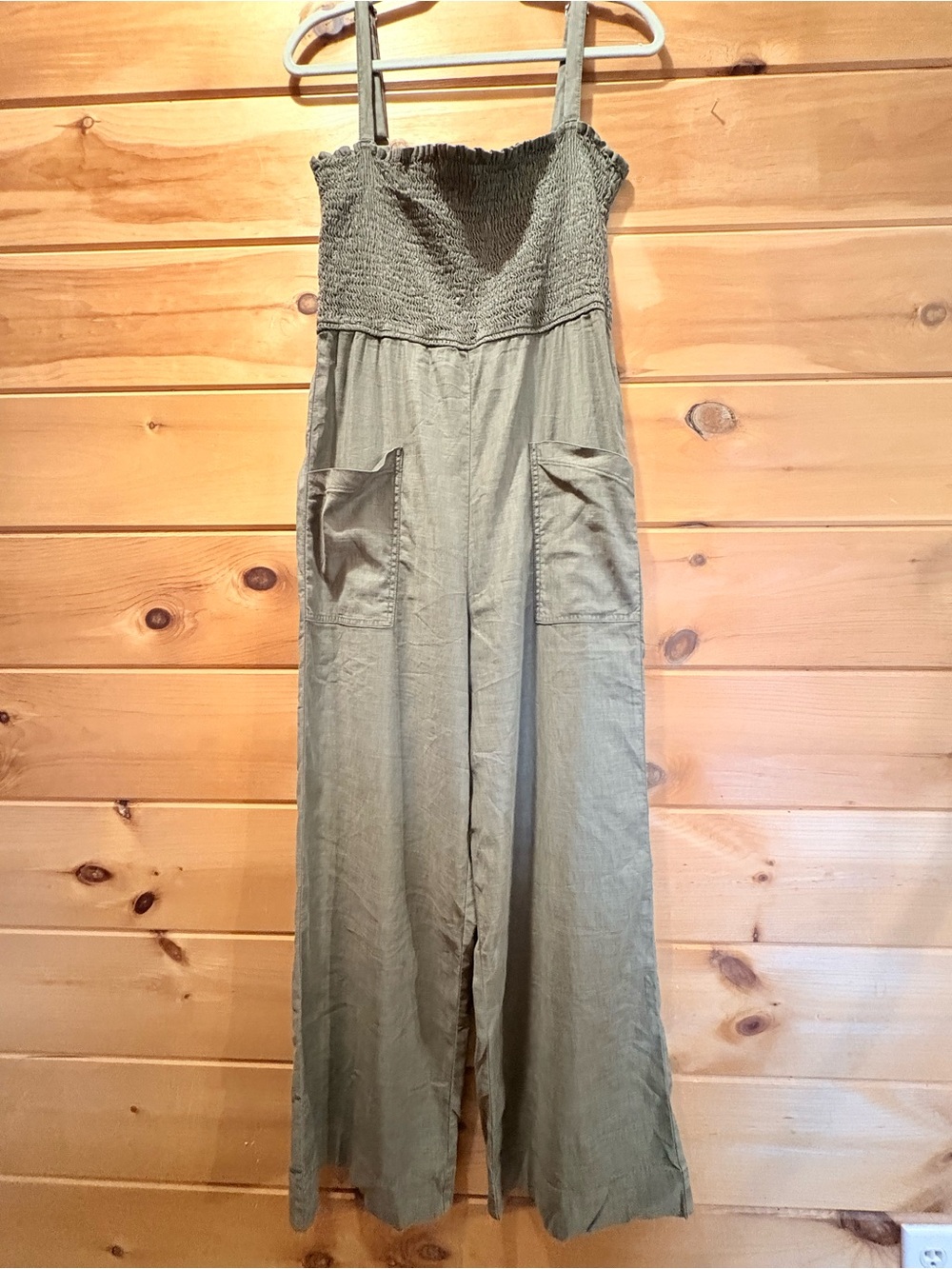 Level 99 Linen Lyocell Smocked Wide Leg Jumpsuit Olive Green Small